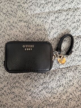 GUESS Black Leather Key & Card Holder with Gold Charm